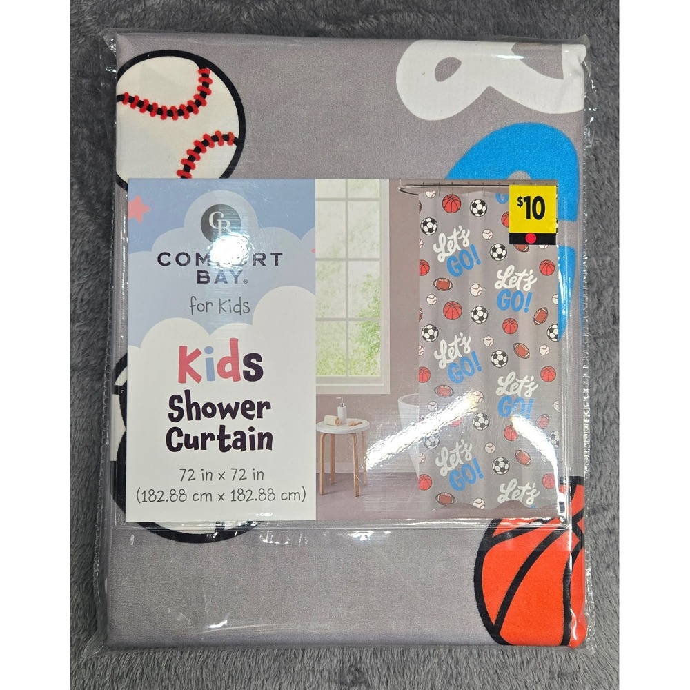 Comfort Bay Kids Shower Curtain 72x72 Sports Baseball Basketball Soccer New